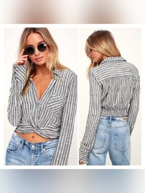 Free People Black & White Striped Twist-Front Long Sleeve Top